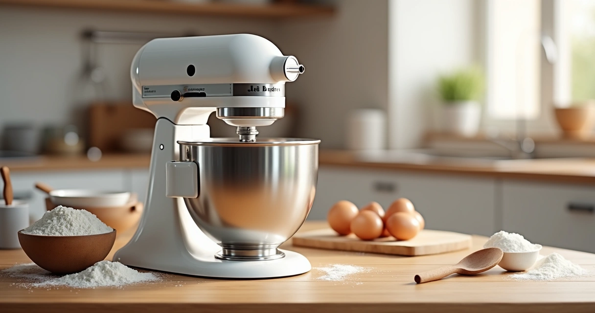 Planetária inox com tigela de 5 litros sobre bancada de madeira 