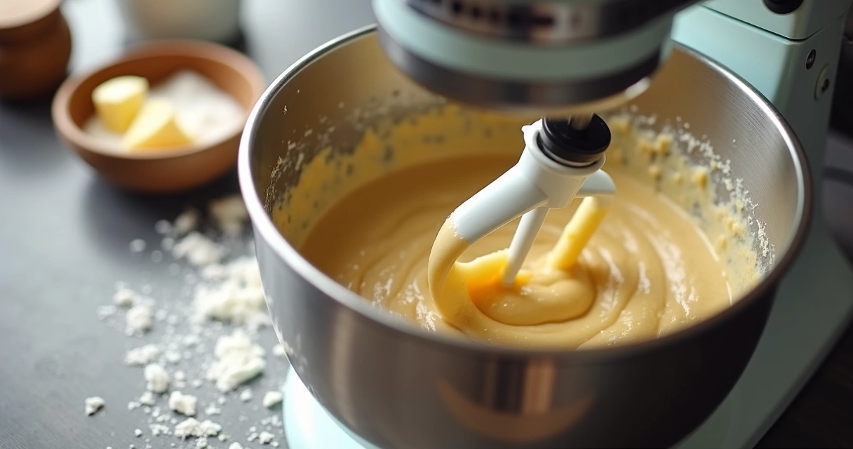 Batedeira planetária em funcionamento misturando massa de bolo 