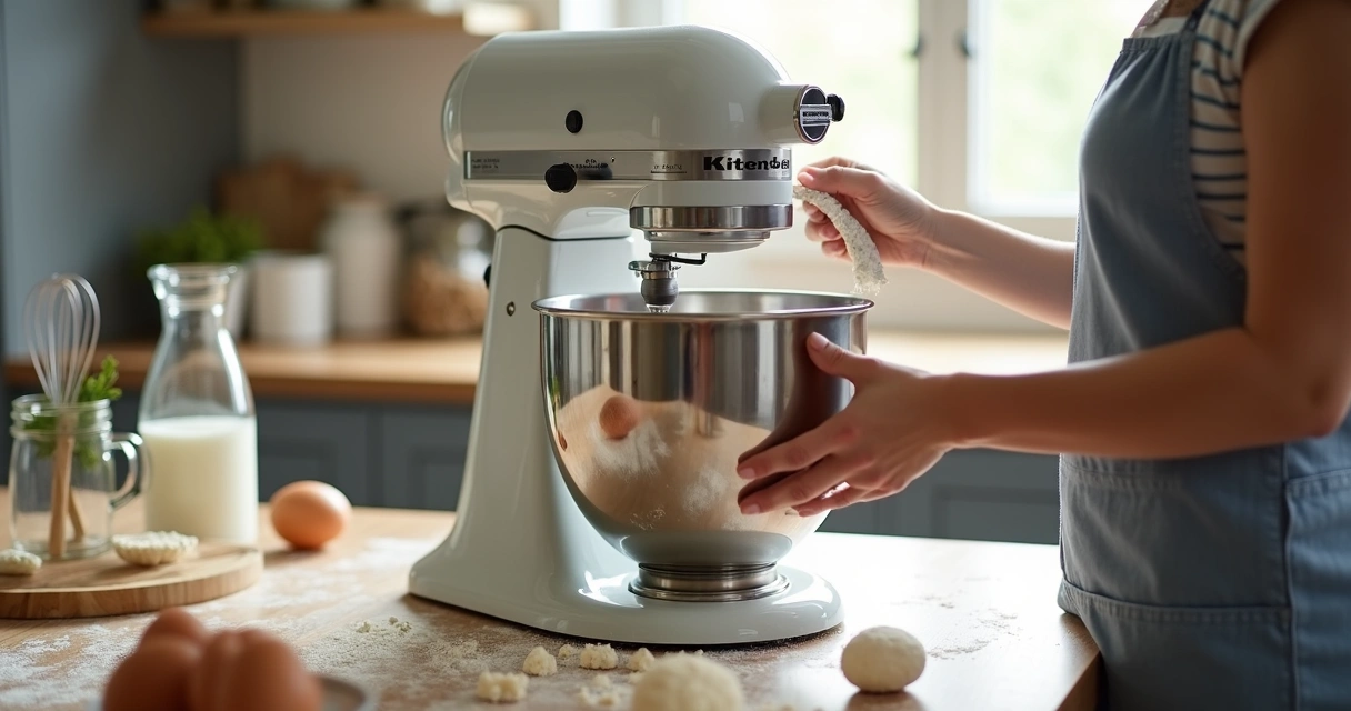 Pessoa usando batedeira planetária preparando massa para pão 