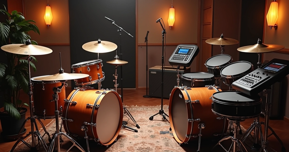 Bateria acústica de madeira ao lado de bateria eletrônica com pads de borracha em estúdio iluminado 