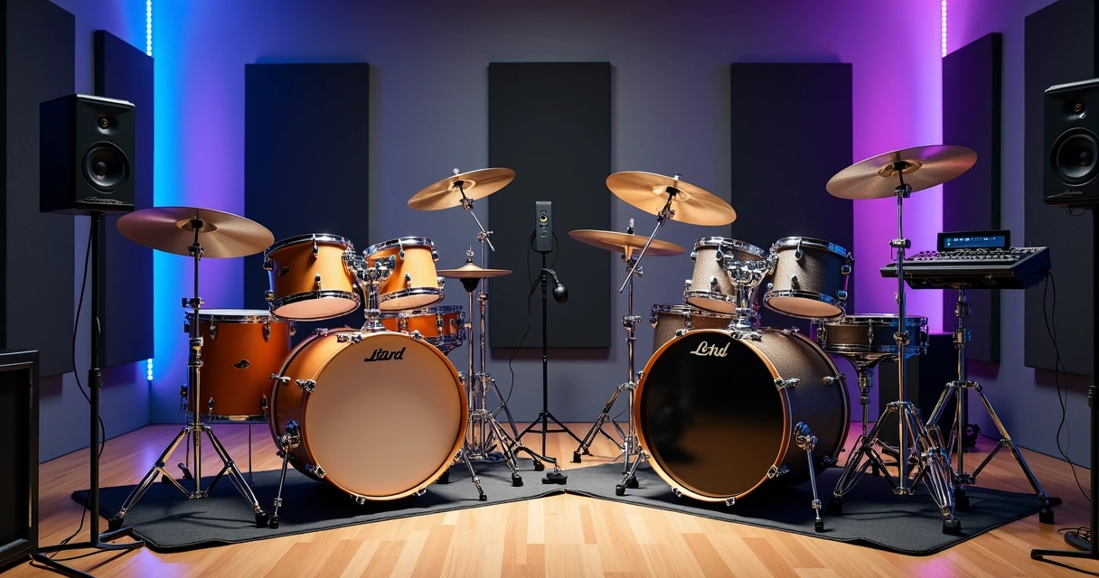 Bateria acústica e bateria eletrônica lado a lado em estúdio profissional 