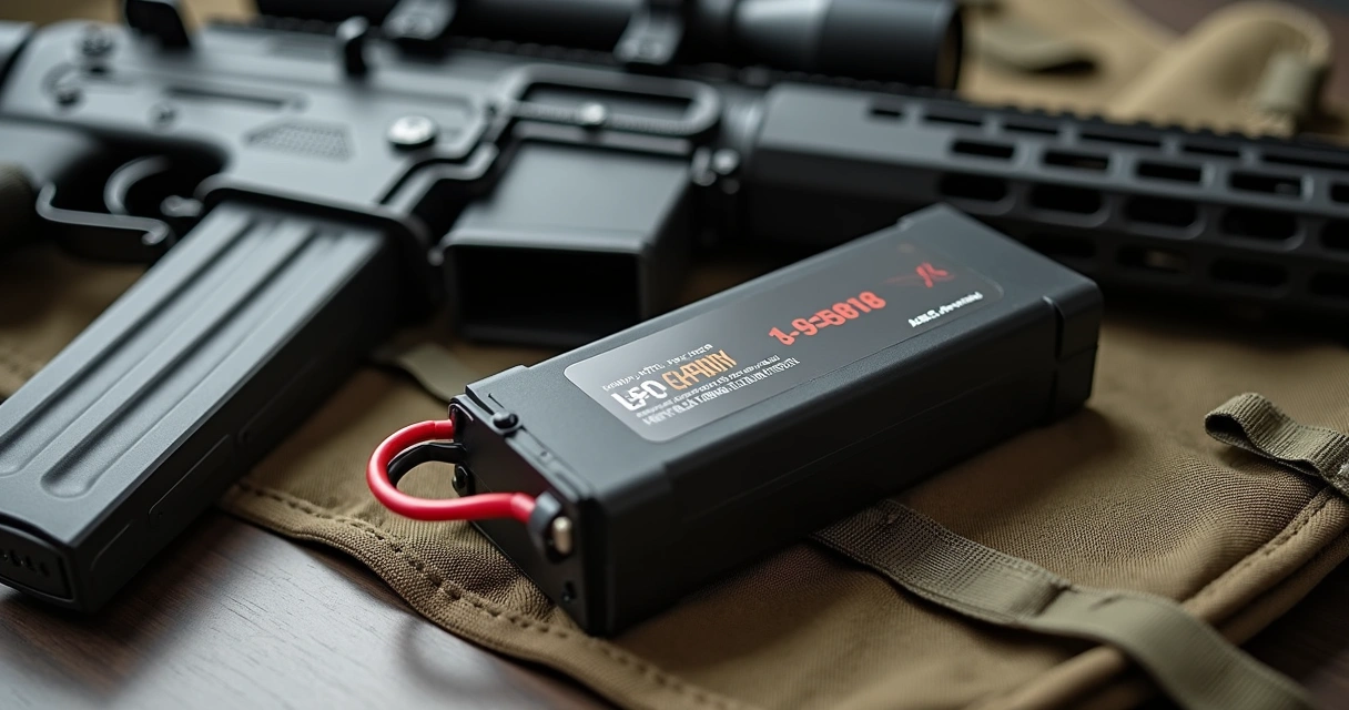 Bateria de alta capacidade para airsoft ao lado de uma arma AEG 