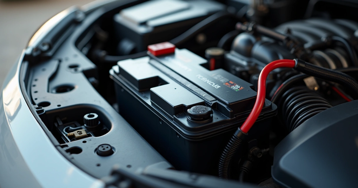 Bateria automotiva instalada no compartimento do motor de um carro, com cabos conectados e indicador de carga visível 