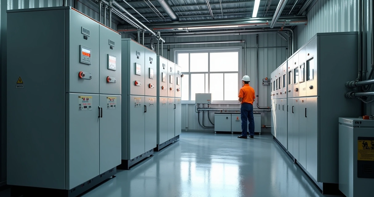Bateria BESS instalada em painel industrial com indicadores luminosos