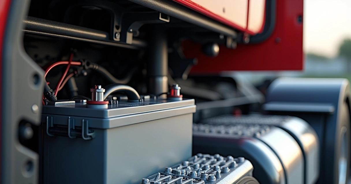 Bateria encaixada no compartimento de caminhão 