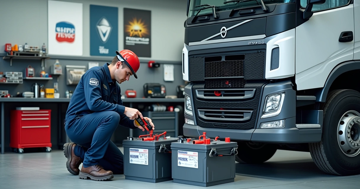 Mecânico verificando bateria de caminhão em oficina profissional 