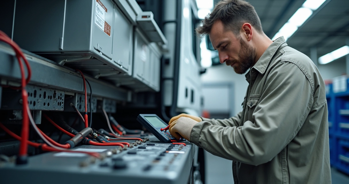 Mecânico conferindo bateria de caminhão em oficina profissional 