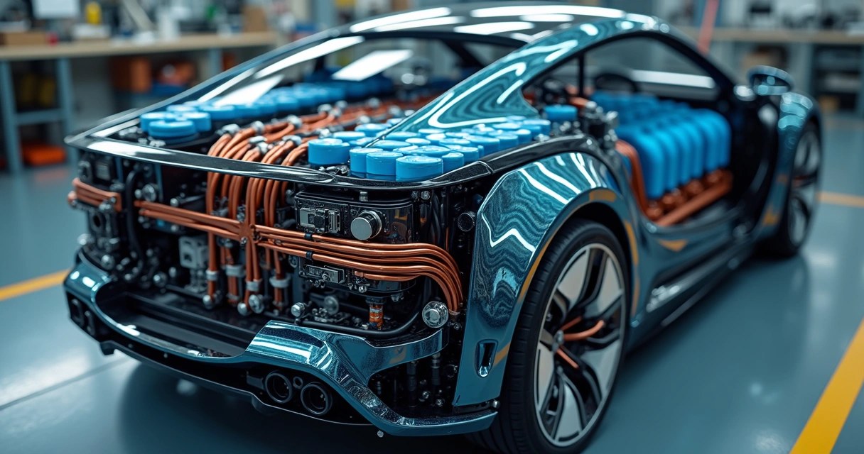 Bateria de íon-lítio de um carro elétrico exposta 