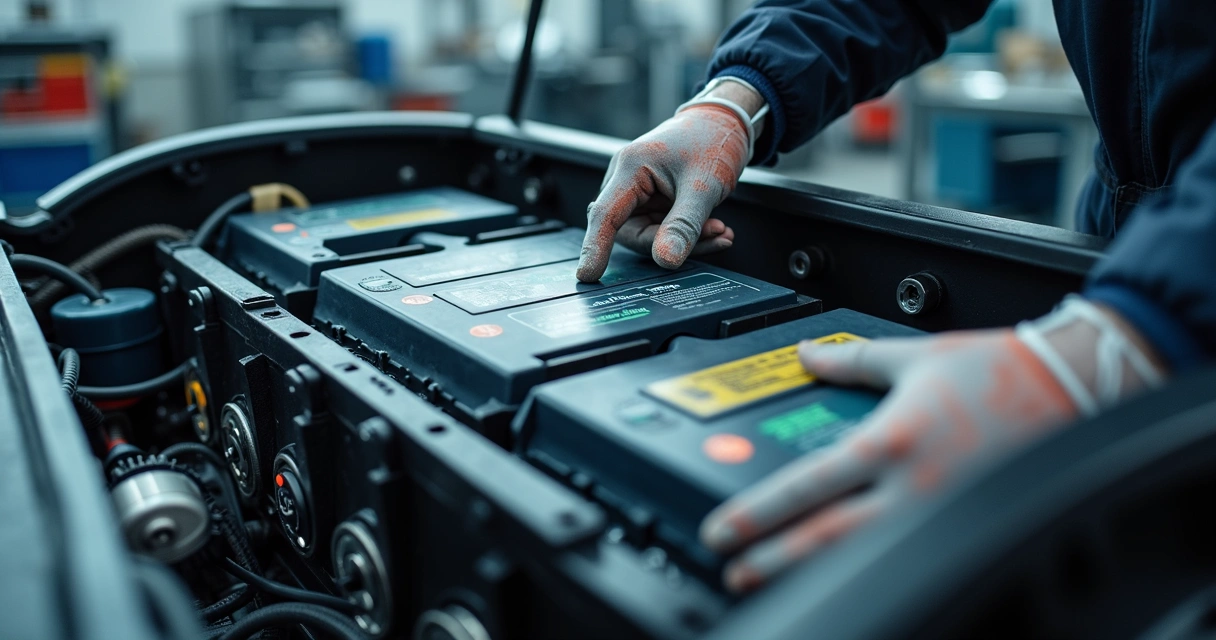 Bateria de carro elétrico aberta em manutenção 