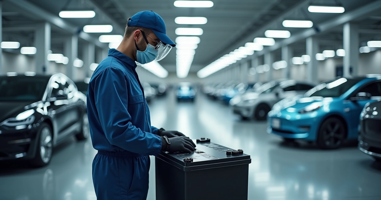 Mecânico trabalha em bateria removida de carro elétrico em oficina especializada 