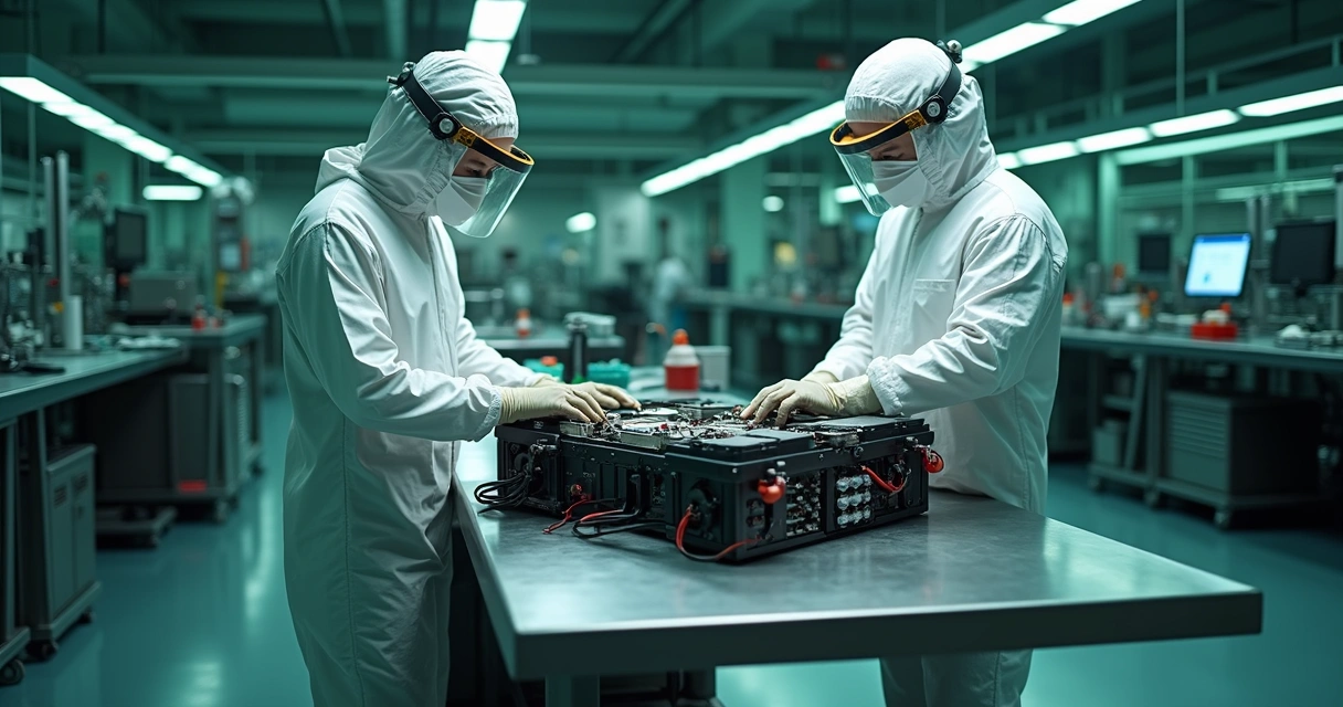 Processo de reciclagem de bateria de carro elétrico com técnicos em laboratório 