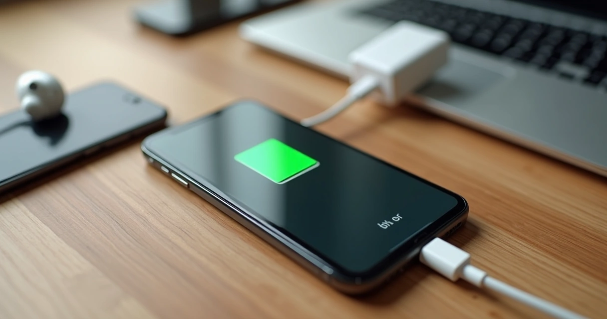Smartphone carregando na mesa com ícone de bateria em destaque 