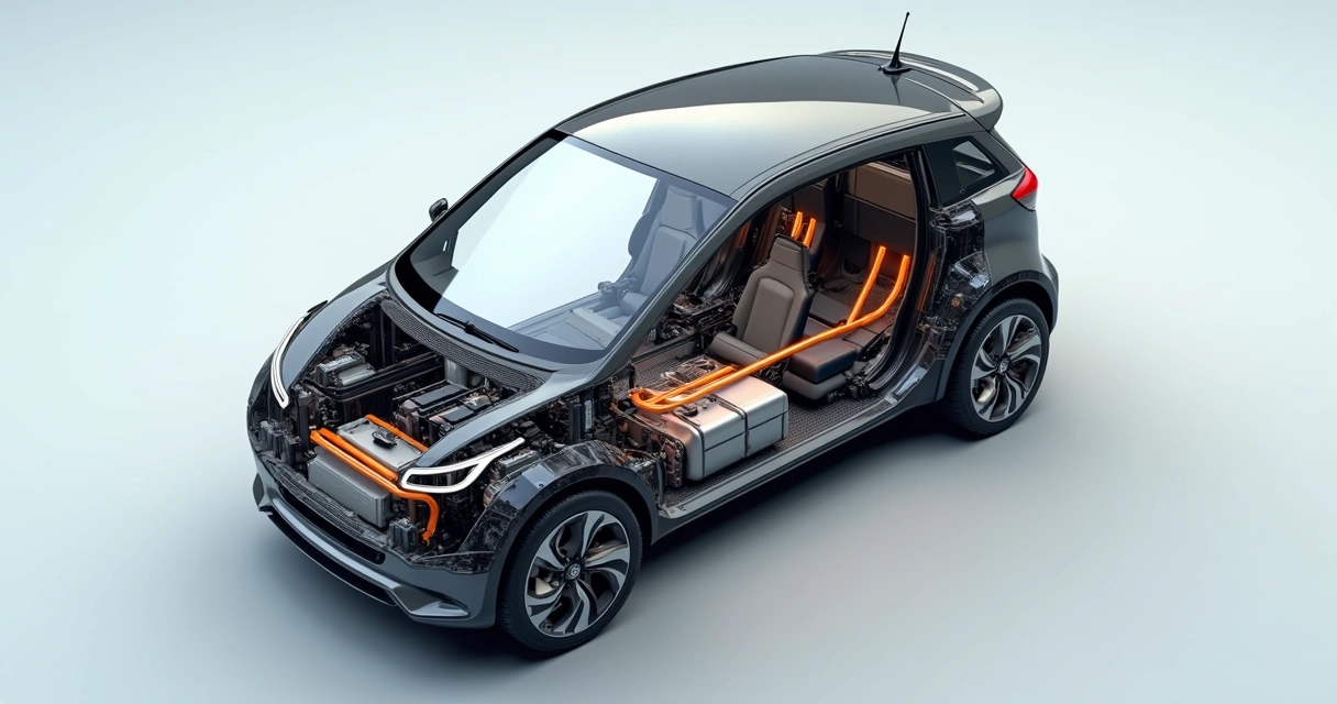 Bateria e motor de um compacto elétrico 