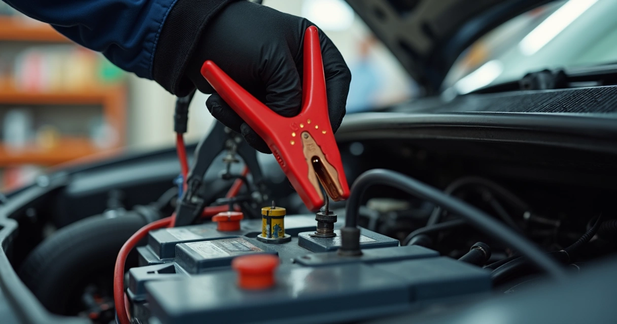 Mãos conectando cabos de bateria em carro na garagem