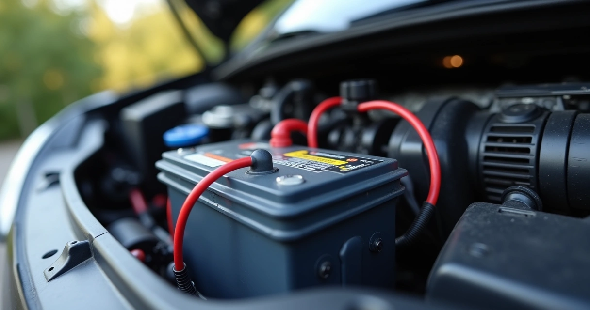 Bateria automotiva instalada em carro com cabos conectados em ambiente limpo 