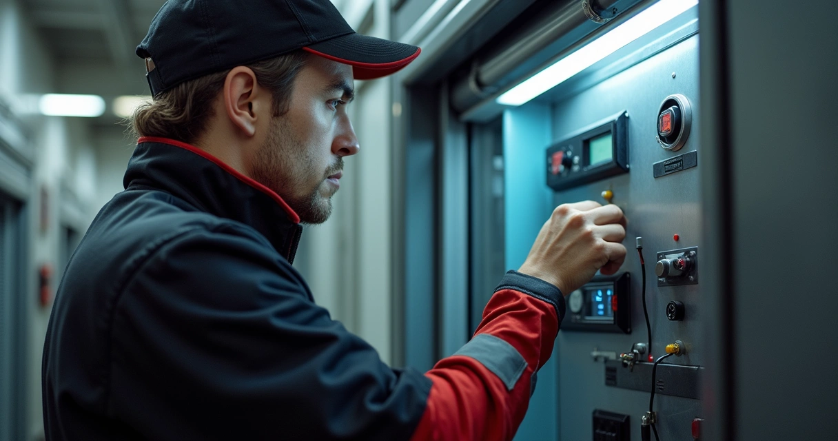 Técnico verificando o nobreak de porta automática 