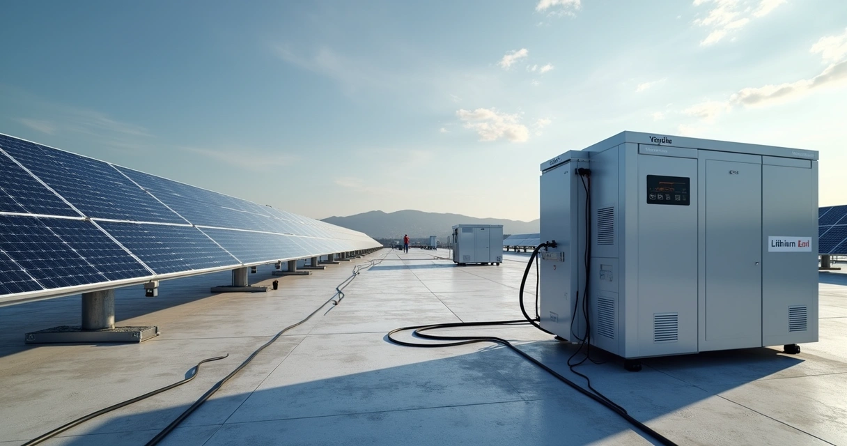 Bateria de íons de lítio conectada a painel solar em ambiente industrial 