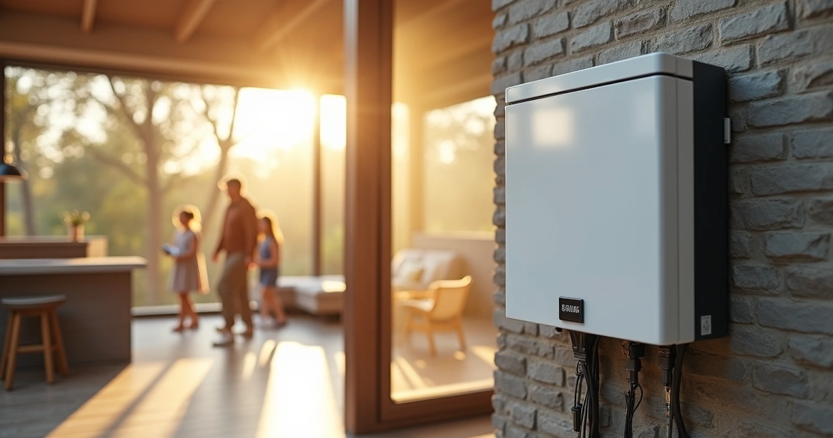 Bateria solar instalada em residência, evidenciando quadro elétrico e ambiente familiar 