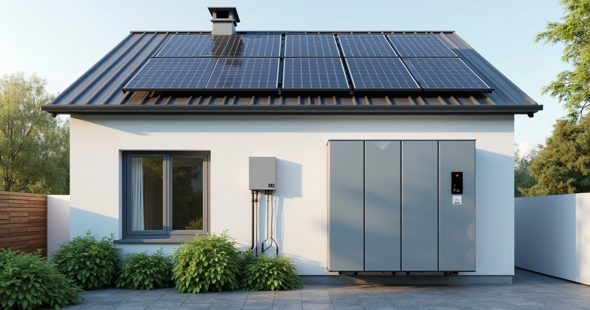 Bateria solar instalada ao lado de painéis solares e parede externa de uma casa média