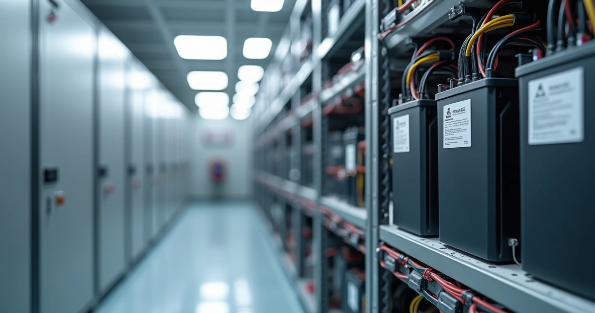 Baterias para energia solar organizadas em uma sala técnica 