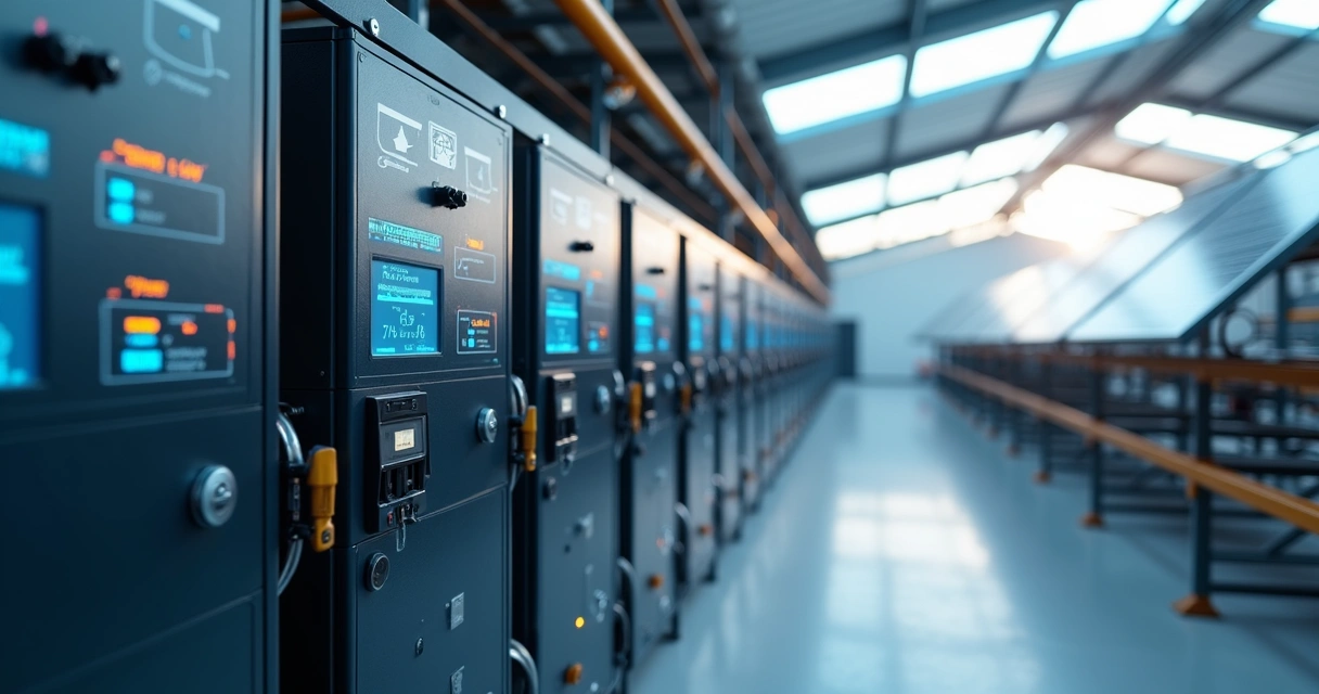 Bancada de baterias de lítio conectadas a inversores solares em ambiente industrial, com painéis solares ao fundo 