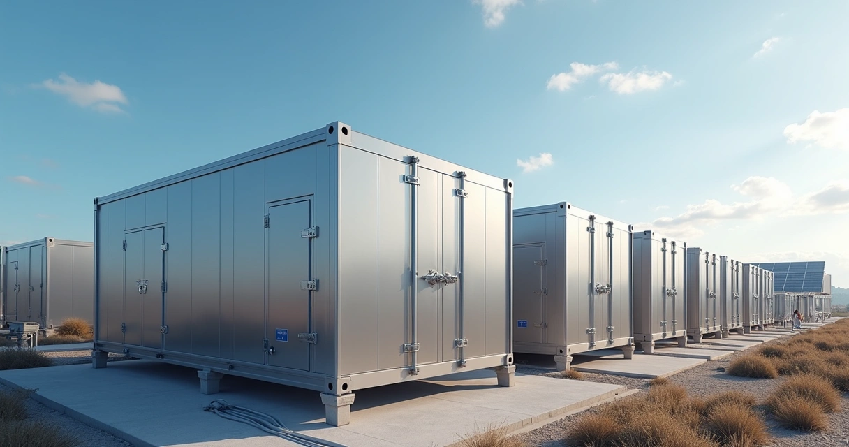Grandes baterias para energia solar organizadas em contêineres