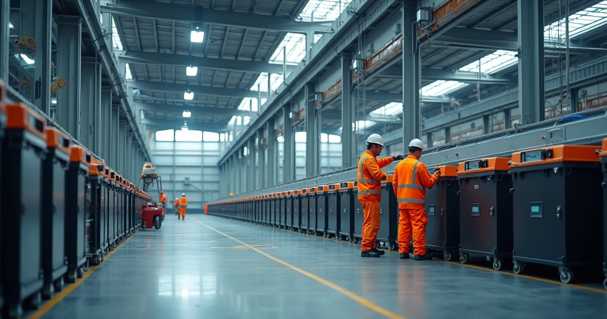 Baterias industriais instaladas em uma usina, lado a lado, com painéis solares ao fundo 