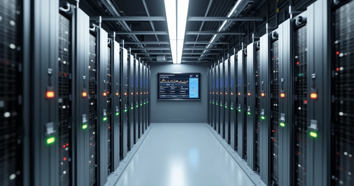 Baterias industriais conectadas em sistema BESS com luzes indicadoras. 