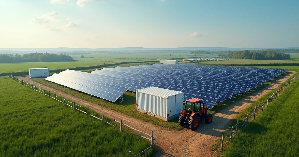 Baterias instaladas próximo a painéis solares em área rural 