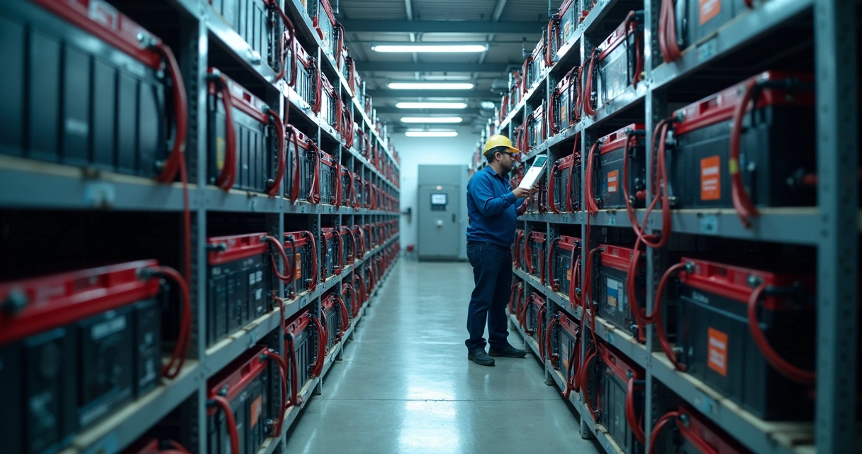 Baterias solares organizadas em prateleiras de uma instalação industrial, fios conectados e ambiente limpo 