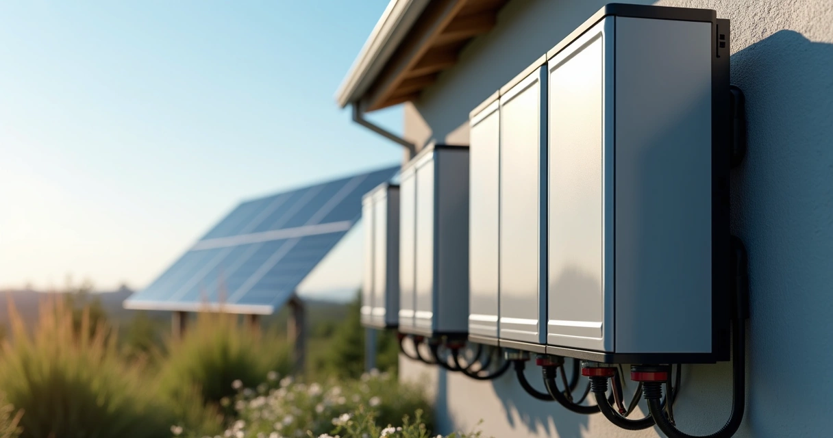 Baterias solares modulares conectadas em sistema fotovoltaico com fundo de painel solar e céu azul 