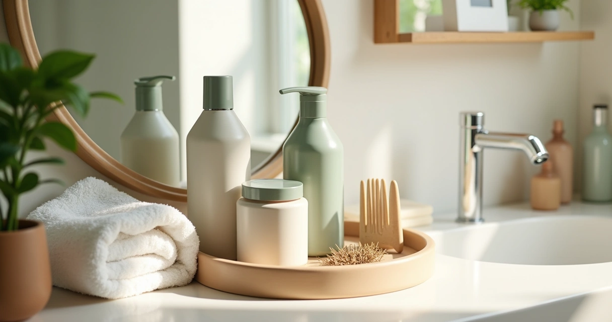 Haircare products arranged on a bathroom counter