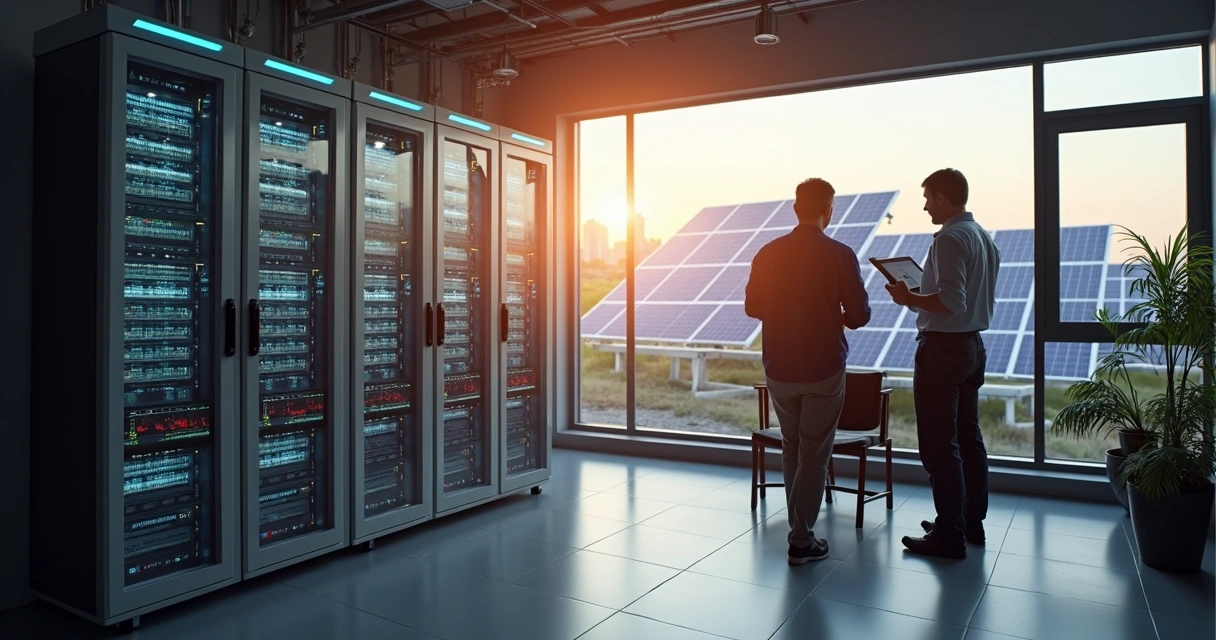 Baterias de armazenamento de energia em ambiente corporativo, com painéis solares ao fundo 