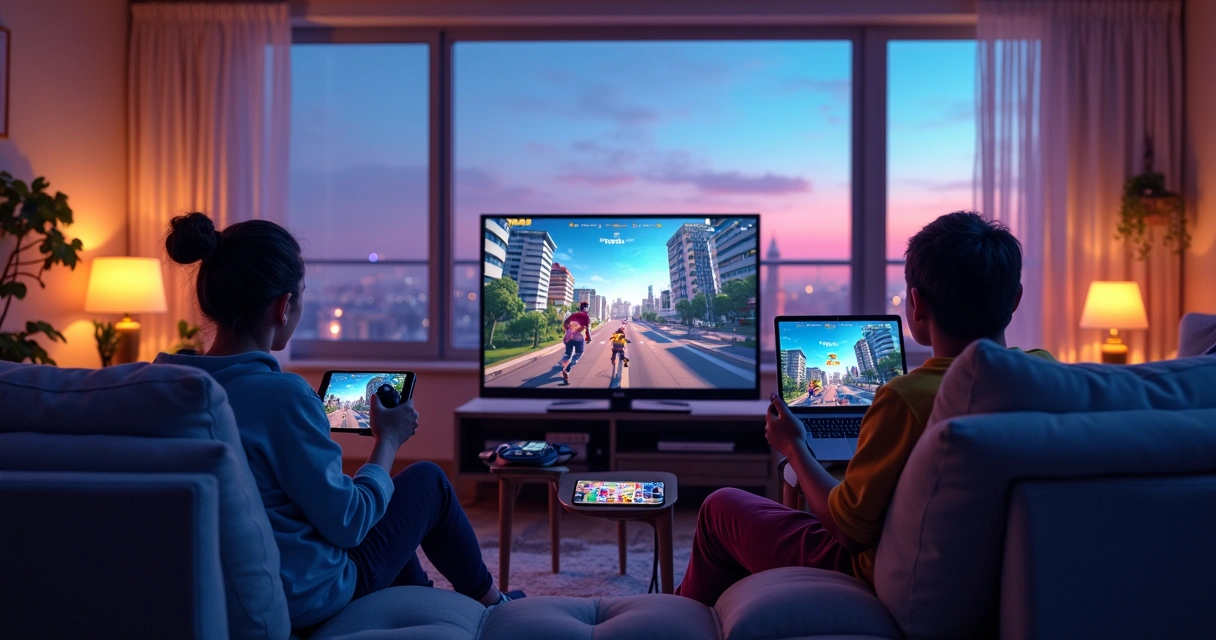 Gamers using different devices competing in a battle royale match 