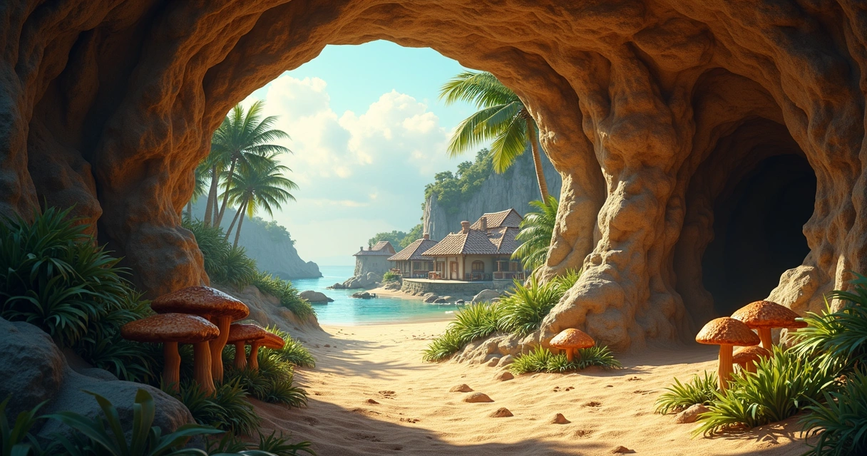 Itens diários típicos de Liberty Bay no chão de uma caverna, com cogumelos e aldeias próximas.