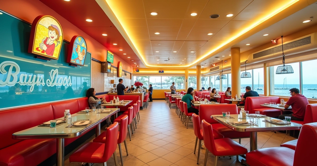 Interior do Bayliner Diner no Cabana Bay, mesas coloridas, balcão de comida e TVs passando desenhos antigos 