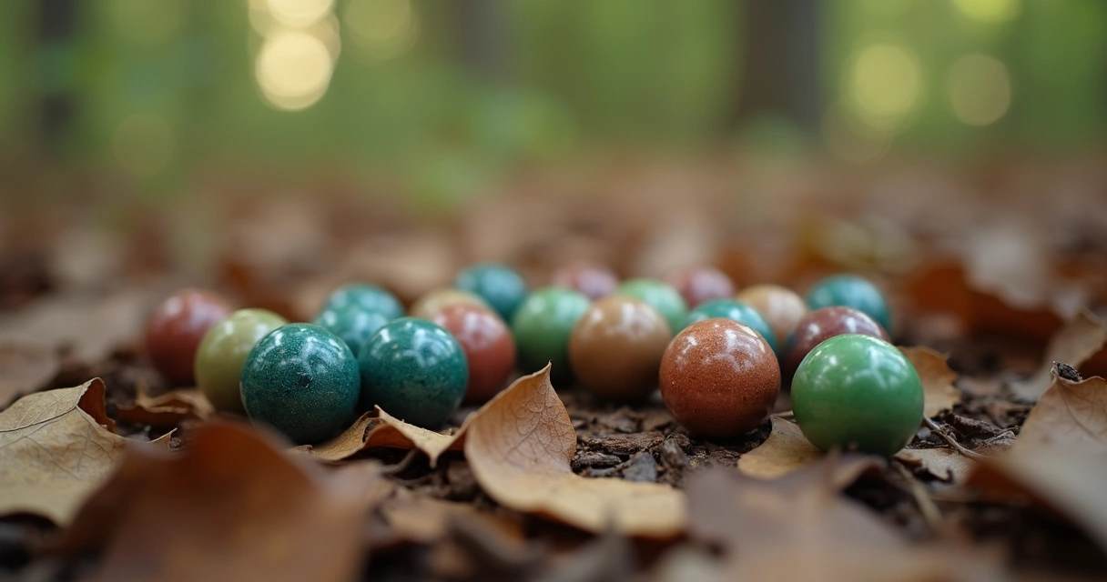 Munição de airsoft biodegradável sobre folhas secas 