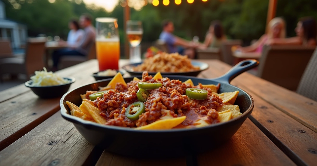 BBQ nachos served on a rustic outdoor table 