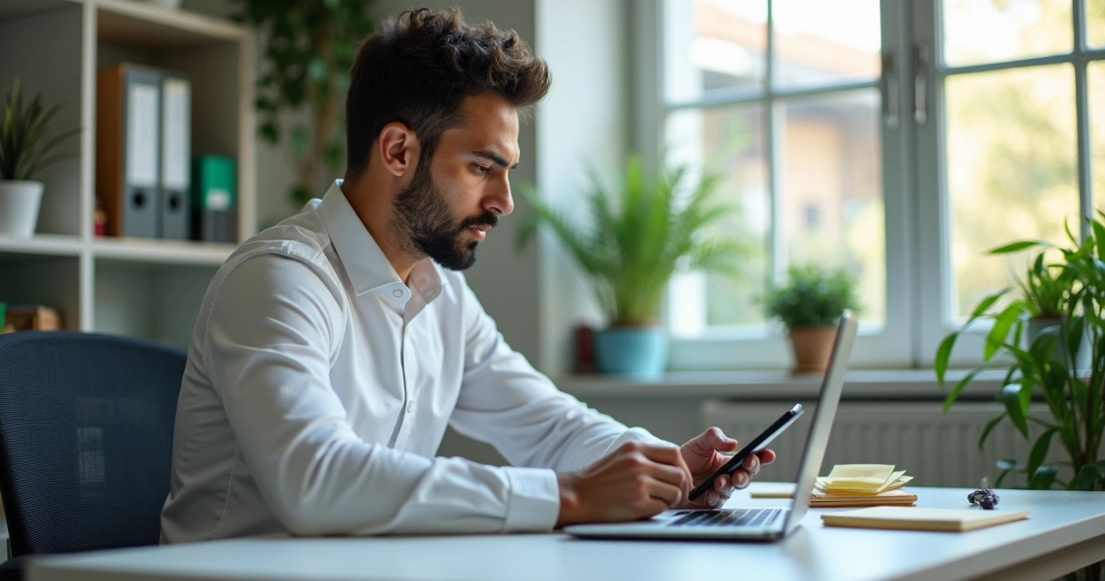 Profissional de vendas organizando contatos no WhatsApp e notebook no escritório 