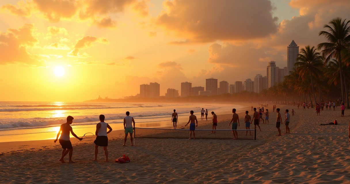 Jogadores de beach tennis praticando esporte na areia ao pôr do sol 