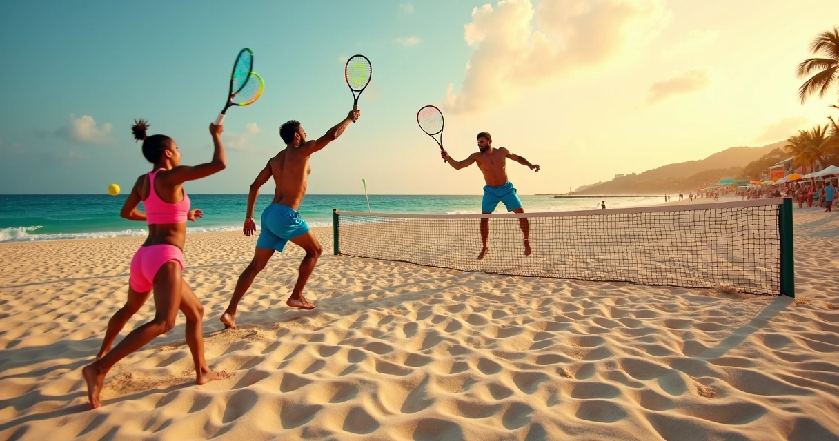Dupla jogando beach tennis em torneio na areia ao pôr do sol 