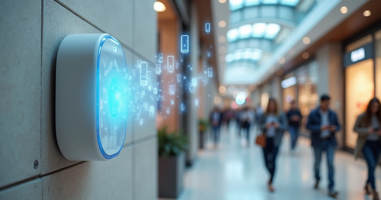 Beacon instalado em ambiente comercial moderno 