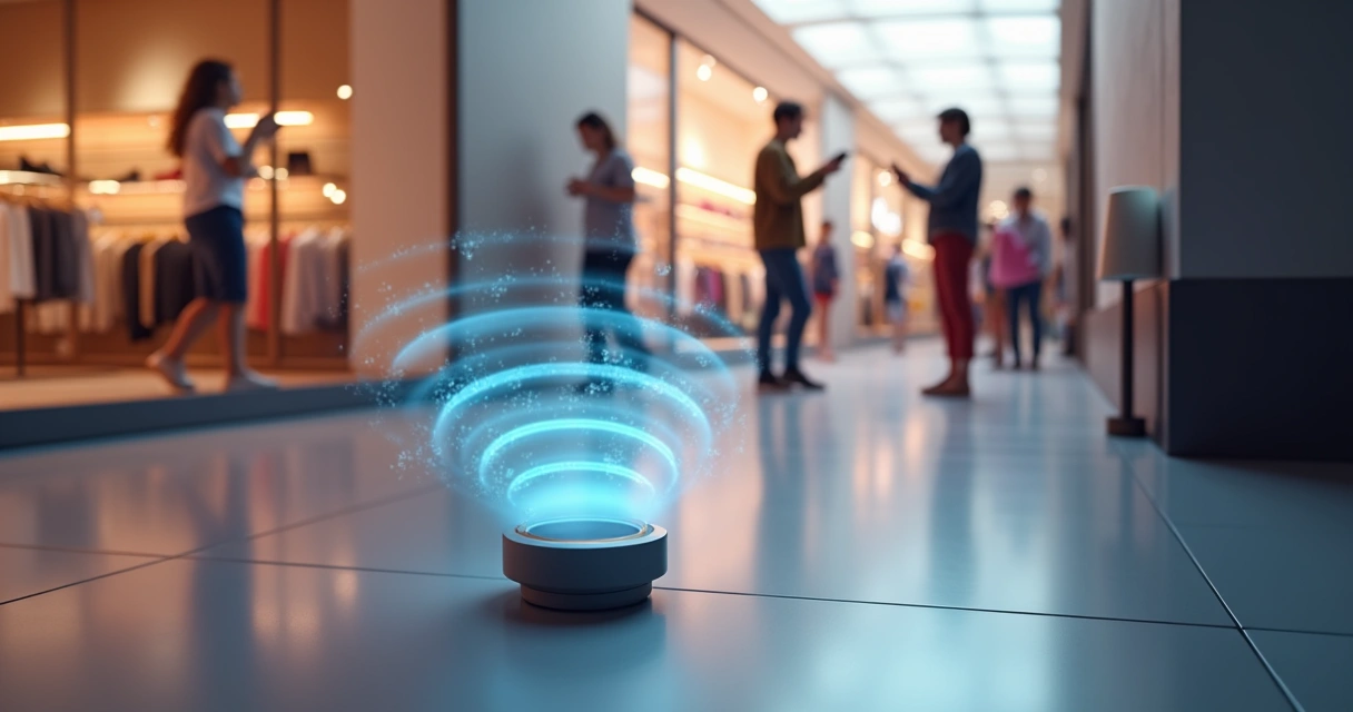 Ilustração de beacon emitindo sinal em loja física 