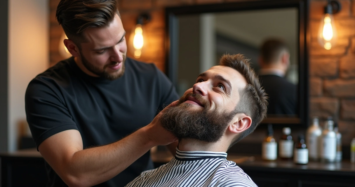 Barber shaping a client's beard in a salon chair 