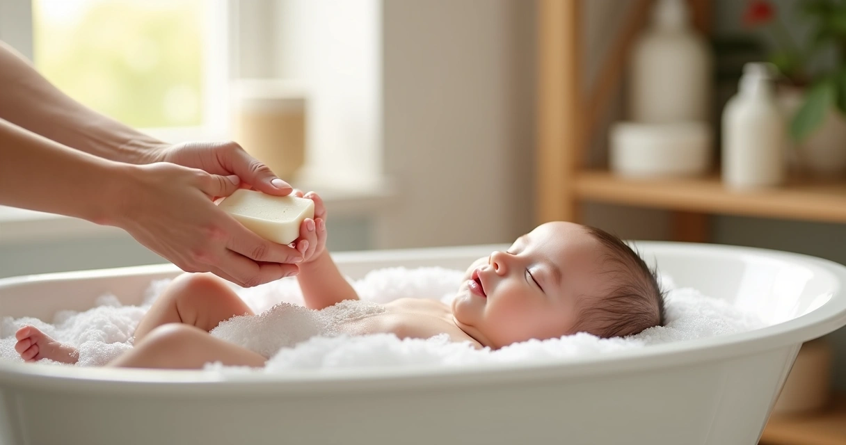 Bebê recém-nascido sendo lavado com sabonete natural suave em banheiro iluminado natural 