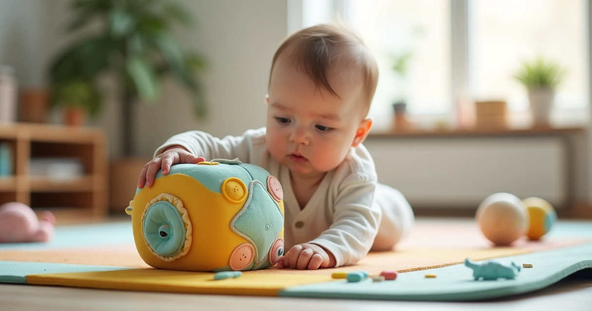 Bebê deitado em tapete colorido explorando brinquedo sensorial com as mãos 