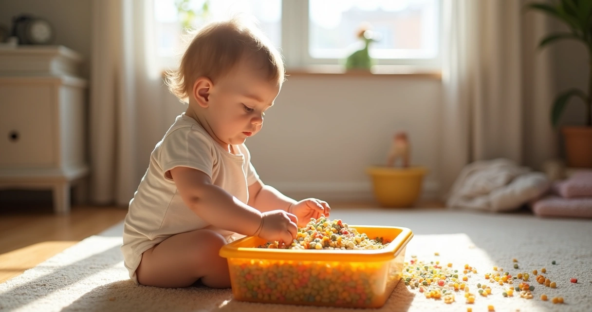 Bebê sentado no chão brincando com caixa sensorial cheia de grãos coloridos