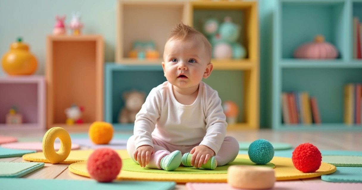 Bebê sentado em tapete sensorial colorido, cercado por brinquedos e objetos de texturas diferentes 