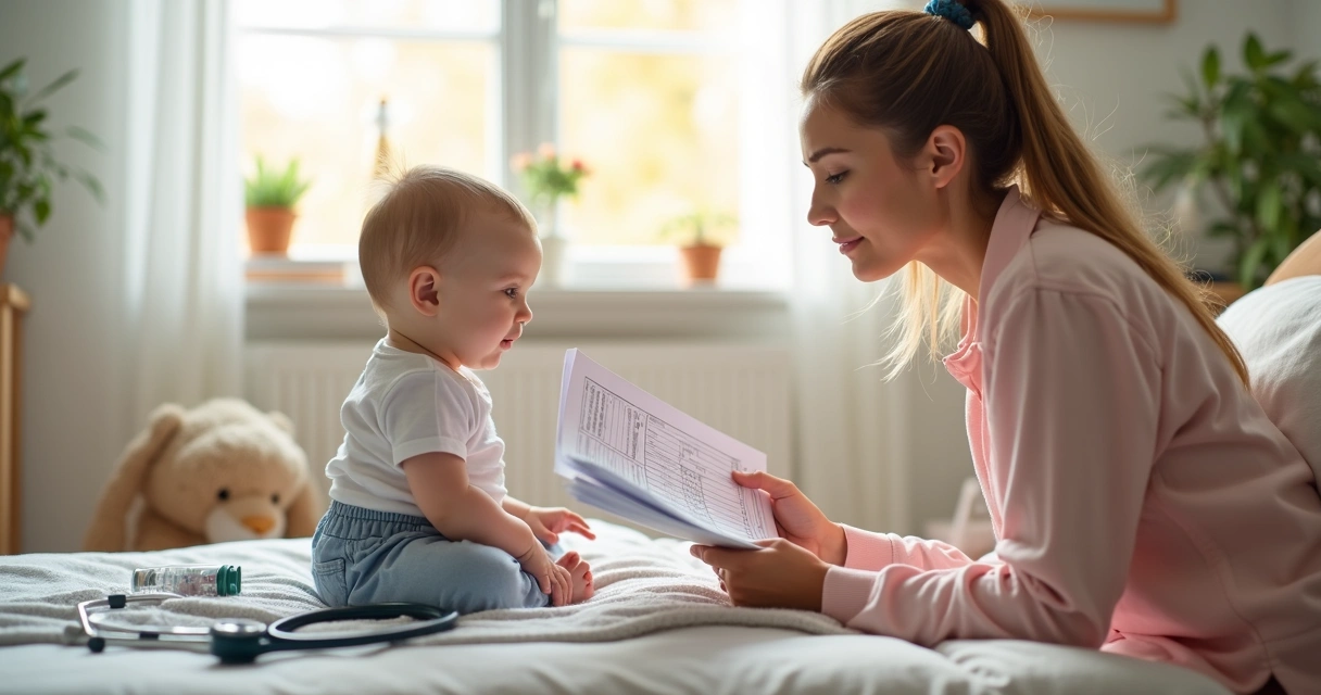 Bebê sentado com carteira de vacinação aberta em uma sala arejada e iluminada, mãe ao lado atenta 