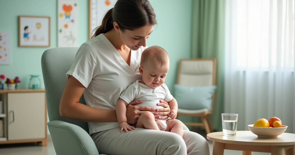 Bebê com desconforto abdominal no colo da mãe em ambiente de clínica pediátrica 